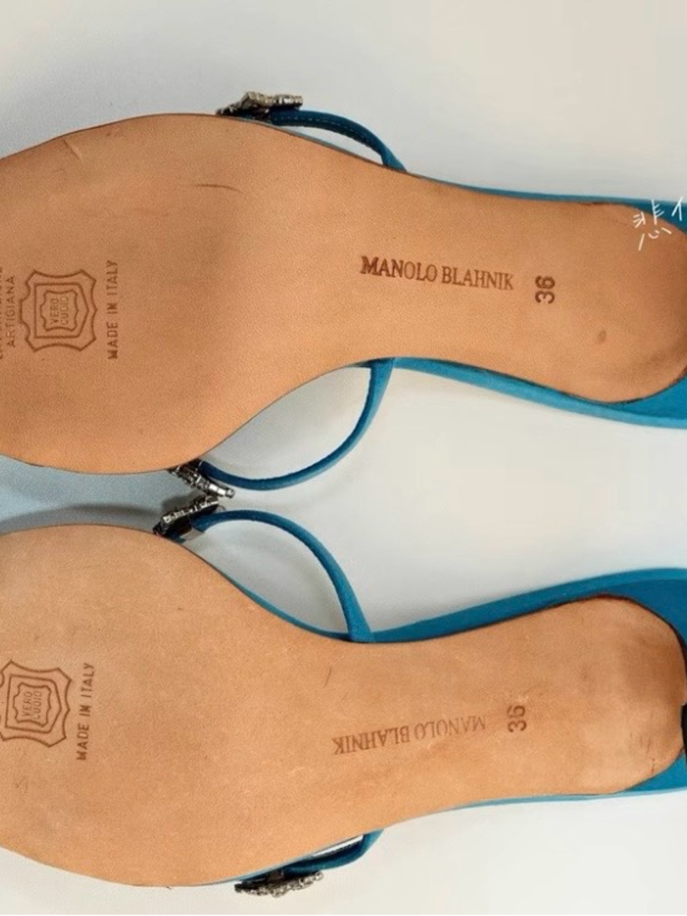 Manolo Blahnik Turquoise Satin Heels with Crystal Star Straps - Picture 7 of 7
